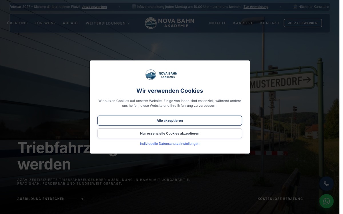 Screenshot der Website Nova Bahn Akademie